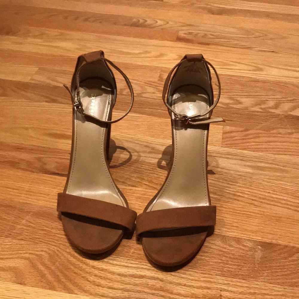 Brown suede ankle strap heels